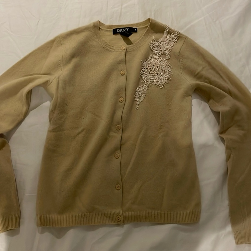 DKNY tan cardigan with beaded embellishments